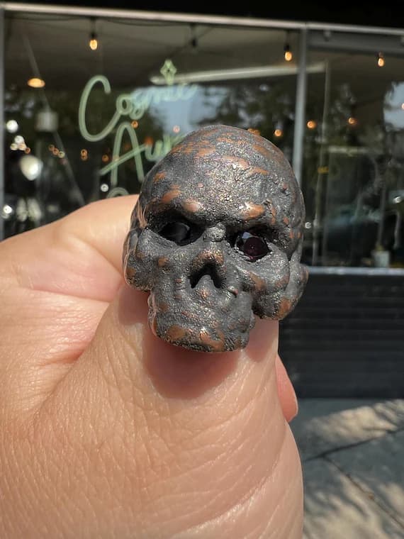 Copper electroformed faceted garnet Skull ring, electroplated crystal ring