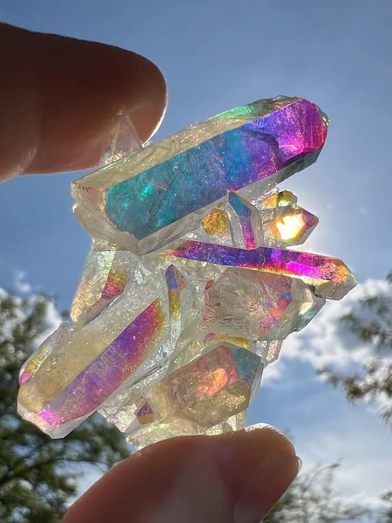 Glowing Opal/Angel Aura Quartz cluster, aura crystal